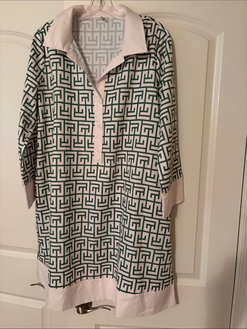 New! Green Geometric Long-Sleeve Shirt Dress Pale Pink Trim L Tuckernuck Look!